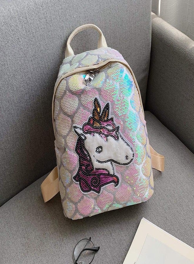 موكا حقيبة ظهر مزينة بالترتر بتصميم حورية البحر وحيد القرن، حقيبة ظهر يومية للبنات الصغيرات، حقيبة ظهر كبيرة مزينة بالترتر للسفر والنزهات الخارجية والمدرسة والجامعة والحفلات (أبيض) - Image 5